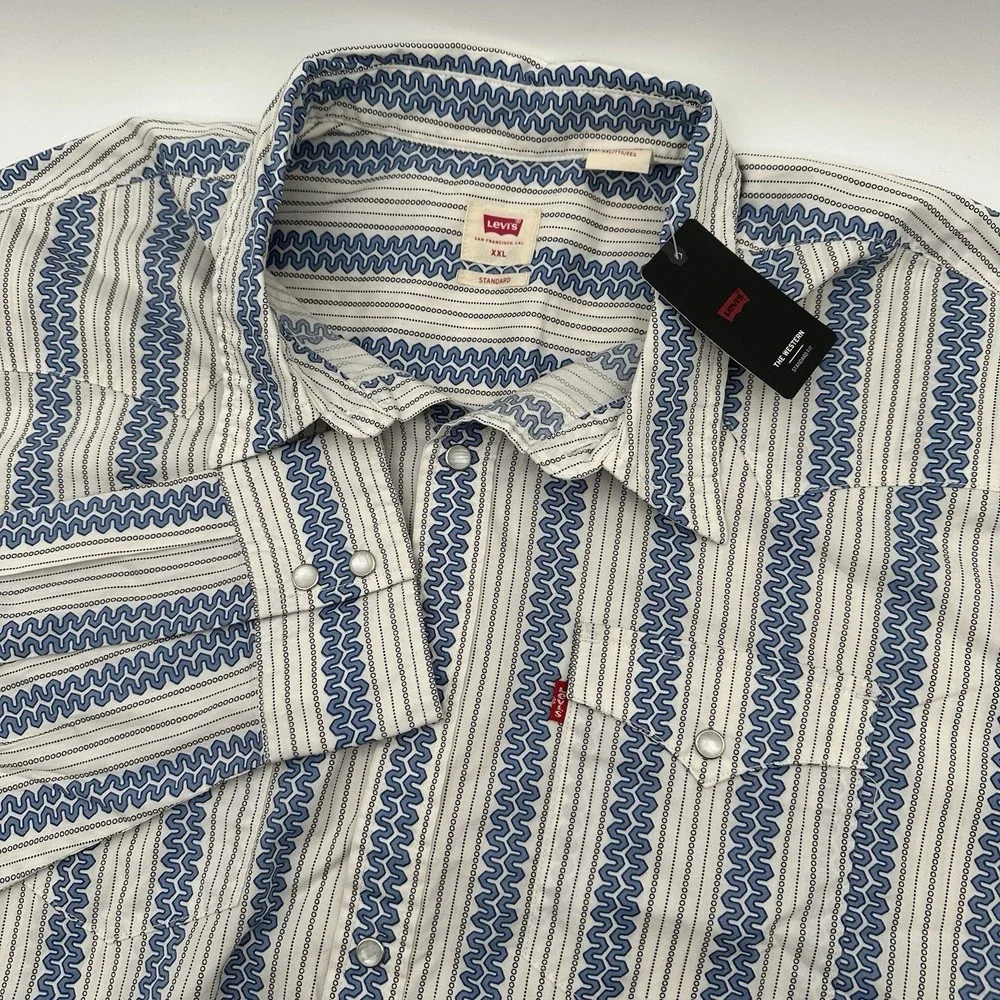 Levis Western Standard Fit Long Sleeve Pearl Snap Shirt Wave Print Blue XXL NEW